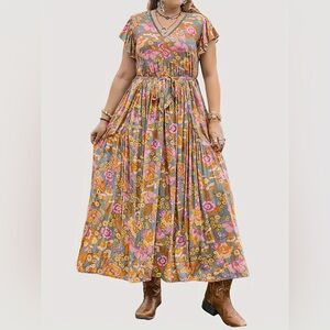 Rusttydustty Retro Colorful Floral V Neck Maxi Length Yellow Pink Blue Dress 3XL